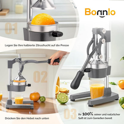 Bonnlo Heavy-Duty Manual Juicer with Removable Top Filter - Heavy-Duty 316 Stainless Steel Citrus, Apple, Orange, Lemon, Lime, Grapefruit Press - Non-Electric Mincer for Home & Commercial Use - Easy-Clean Design, Compact Juic
