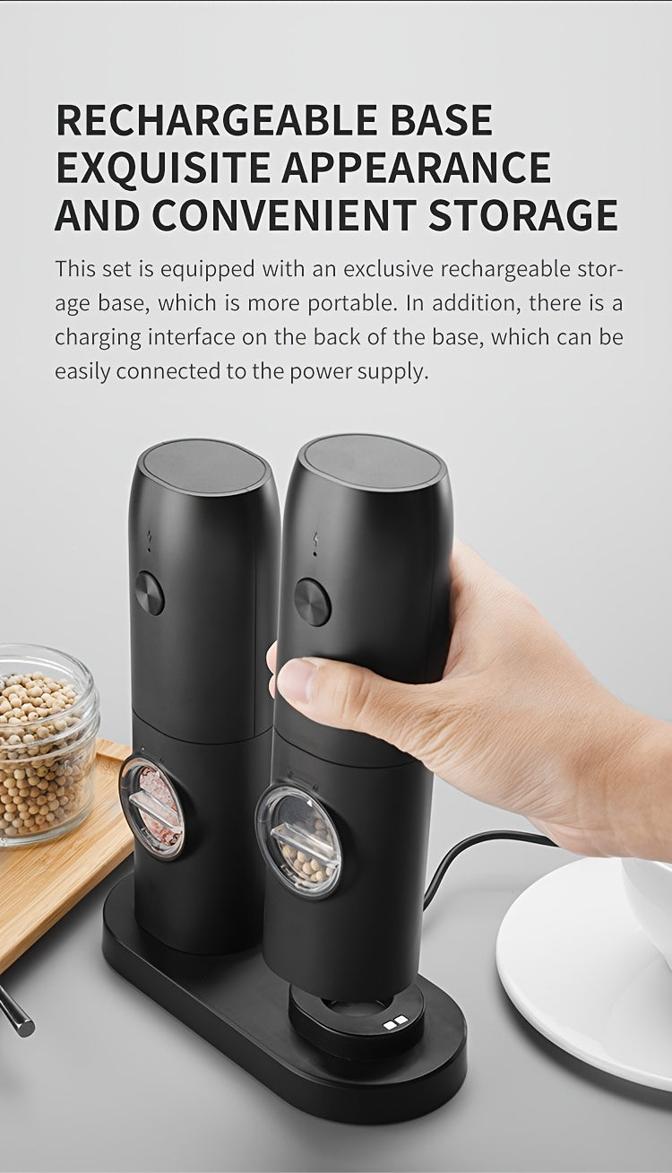 1pc/2pcs Option, Rechargeable Electric Salt And Pepper Grinder, Automatic Salt And Pepper Grinder with LED Light, Adjustable Coarseness, Large Capacity, Suitable for Home Kitchen Barbecue, Restaurant, Outdoor, Wedding Gift