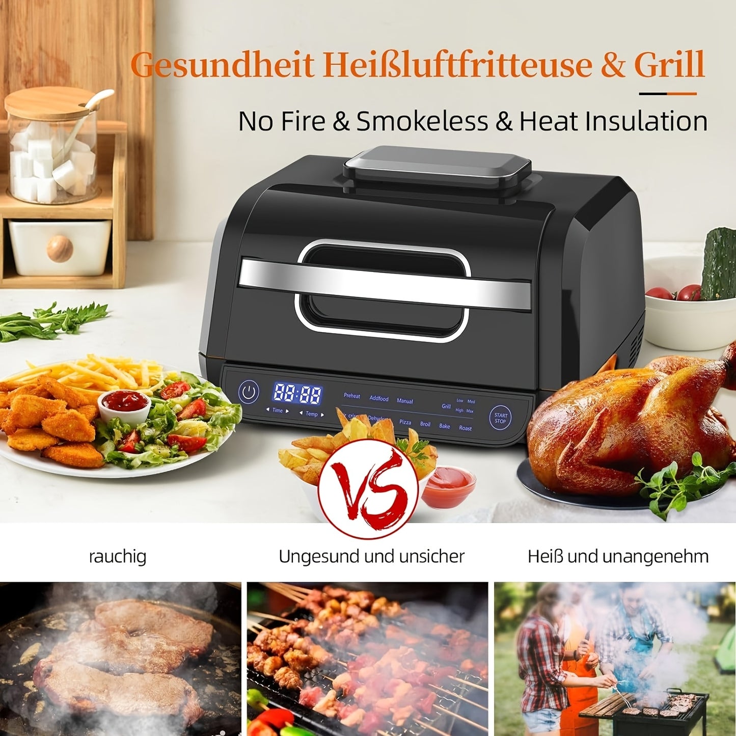 8-in-1 Grill Hot Air Fryer, 6L Capacity Airfryer, Electric Grill with Touch Control, 120-Minute Timer, 1700W, Black