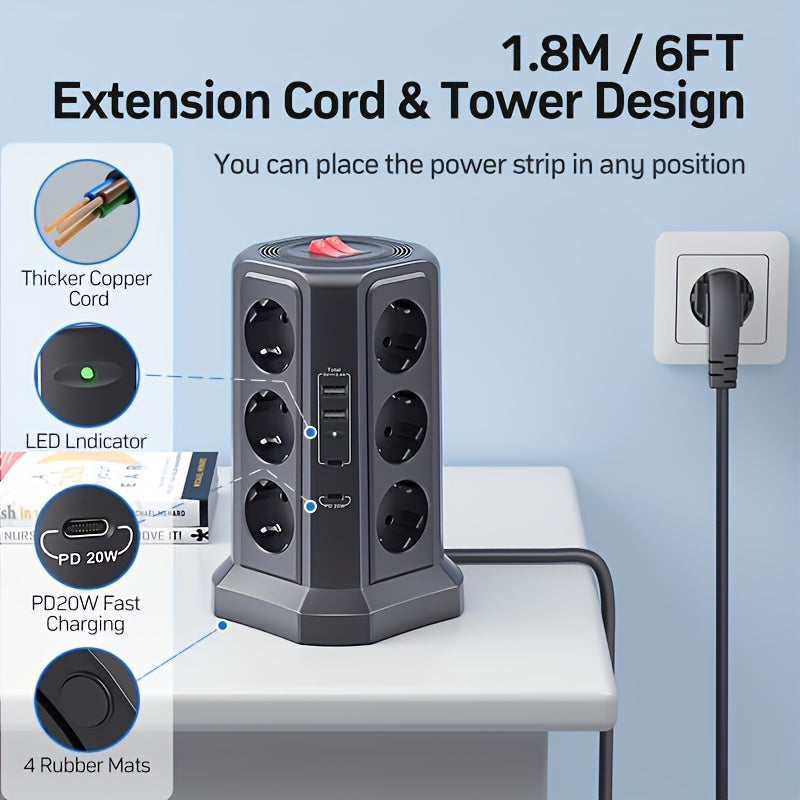 EU Multifunctional Power Tower Plug with 2 USB A Ports And 2 USB C Ports, HAFINO Triple 12-position Multi-socket Power Strip with PD 20W Fast Charging (4000W 16A) for Home And Office Scenarios