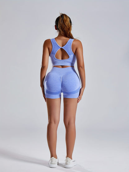 Women'S Seamless Sports Yoga Set, Summer New High Stretch Knit Fabric, Solid Color Polyamide 90% Elastane 10%, Short Length Fitness Gym Wear with Backless Bra and Butt Lifting Yoga Pants