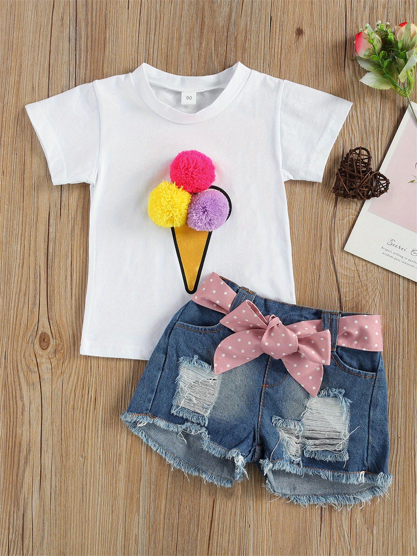 Adorable Girls' Ice Cream Print Short Sleeve Tee & Ripped Denim Shorts Set with Pink Bow Accent - Stretchy, Breathable Summer Outfit for Casual Wear, Perfect for Outdoor