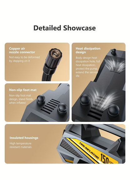 Inflador de pneus digital CaRSun, bomba de ar portátil com luz LED para automóveis, motos e bicicletas - DC 12V, 150 PSI, design preto e amarelo, alimentação por ficha, sem necessidade de bateria, insuflador de pneus de bicicleta | Porta elegante