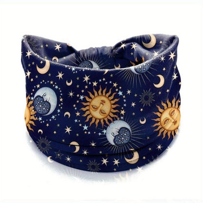 Boho Headband Sun Moon Printed Hair Band Wide Stretchy Sweatband For Yoga Running Headdress For Women