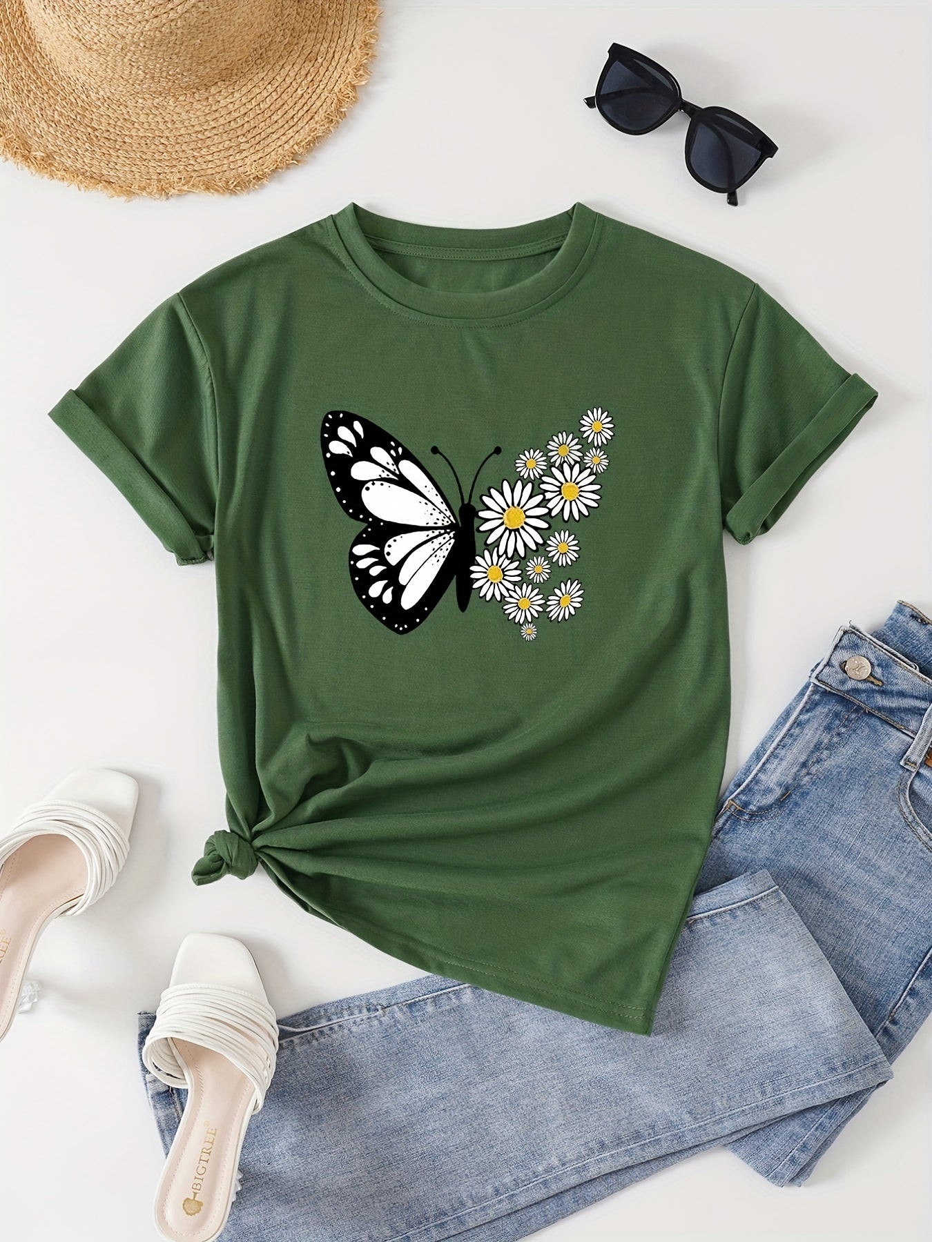 T-shirt casual para mulher com estampado floral de borboletas e margaridas, gola redonda - Verde azeitona, Lavável à máquina, Modelagem regular para looks casuais, Moda para todas as estações, Estilo descontraído, Tecido não transparente