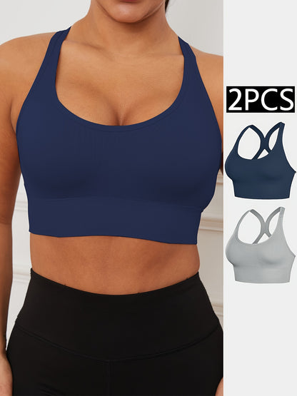 2pcs Stretchy Solid Racer Back Sports Bra, Comfy & Breathable Push Up Fitness Bra, Women's Lingerie & Underwear