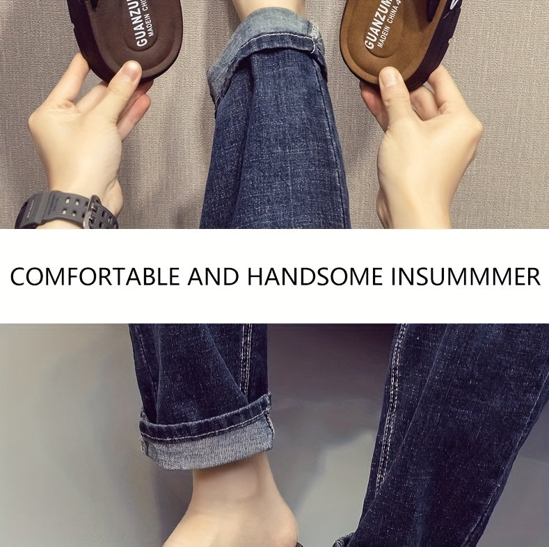 Chinelo de dedo casual de verão para homem - Resistente a odores, antiderrapante, durável, com sola macia e tira ajustável, design castanho e preto para uso diário e ao ar livre, calçado de praia | Chinelo de dedo elegante | Sola em PVC durável, sandália