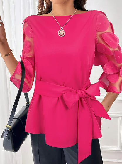 Elegant Off-Shoulder Blouse with Sheer Mesh Panel &amp; Tie-Waist Detail - Chic Solid Color, Half-Sleeve Design, Machine Washable - Perfect for Stylish Outfits