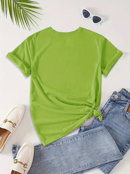 T-shirt casual para mulher com estampado floral de borboletas e margaridas, gola redonda - Verde azeitona, Lavável à máquina, Modelagem regular para looks casuais, Moda para todas as estações, Estilo descontraído, Tecido não transparente