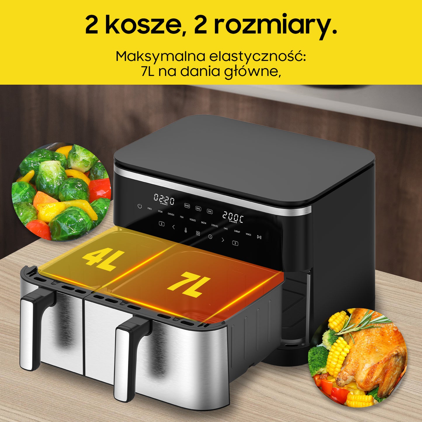 Iceagle XXL Hot Air Fryer, 2600W, 11L Dual-Zone Air Fryer with 2 Independent Chambers, 2-Sized Baskets, 10 Preset Programs, Timer, Digital Control Panel, and Recipe Guide