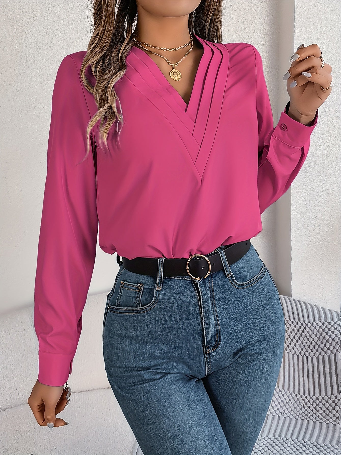 Women'S Elegant V-Neck Long Sleeve Shirt, Solid Color Polyester Blouse with Triple V-Cut, 95% Polyester 5% Elastane, Woven Fabric, 120g/m², for Spring/Summer/Fall - Adult
