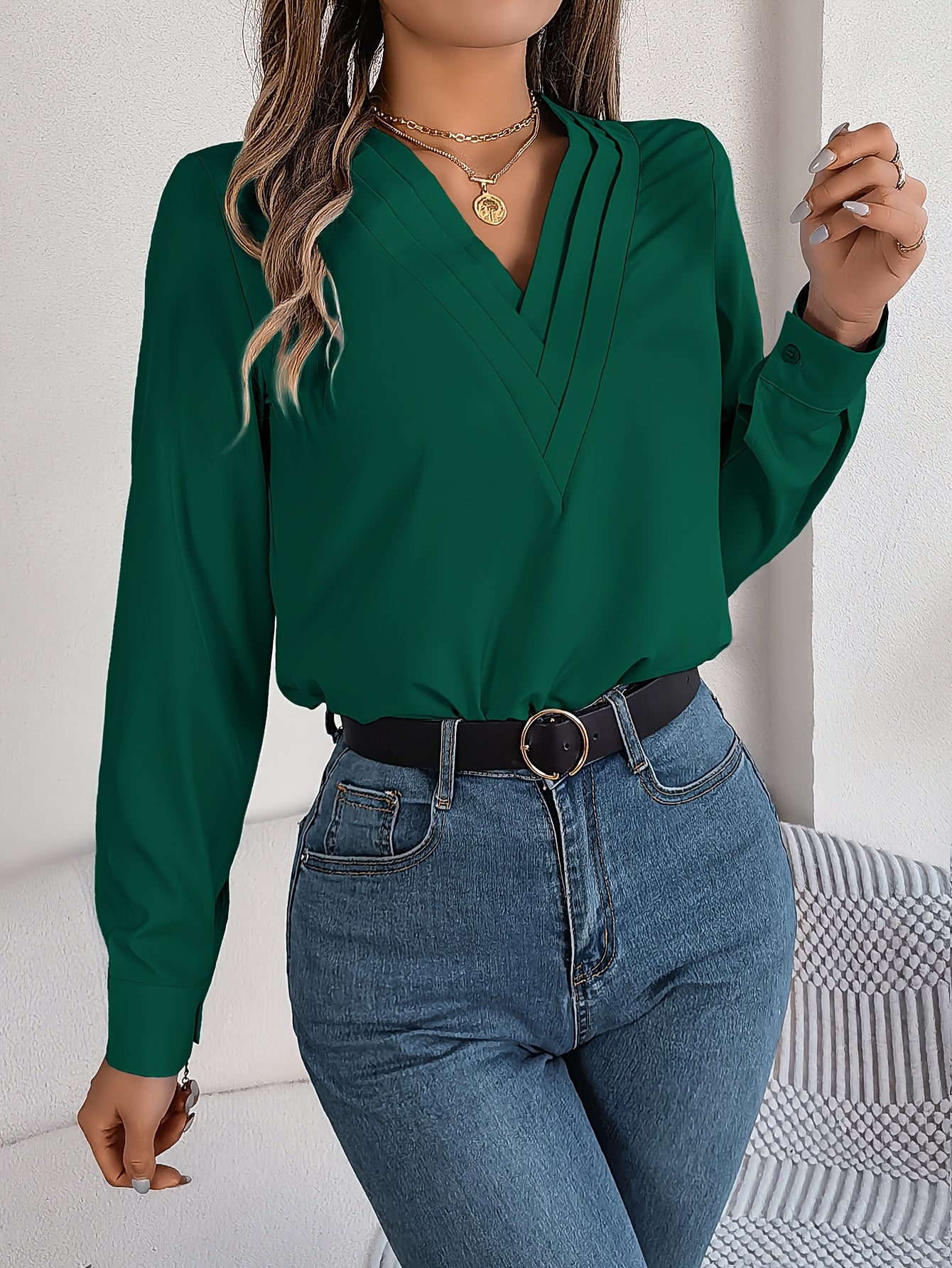 Women'S Elegant V-Neck Long Sleeve Shirt, Solid Color Polyester Blouse with Triple V-Cut, 95% Polyester 5% Elastane, Woven Fabric, 120g/m², for Spring/Summer/Fall - Adult