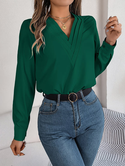 Women'S Elegant V-Neck Long Sleeve Shirt, Solid Color Polyester Blouse with Triple V-Cut, 95% Polyester 5% Elastane, Woven Fabric, 120g/m², for Spring/Summer/Fall - Adult