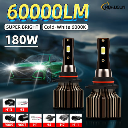 2pcs ROADSUN LED Bulbs - 60000LM Ultra Bright, 180W, 6000K Cool White, H1/H7/H11/9005/9006/H4/H13/9007/9004 Compatible, Plug & Play, Cooling Fan, Aviation Aluminum Housing, 12V/24V Compatible, for Cars, Trucks, SUVs, Motorcyc