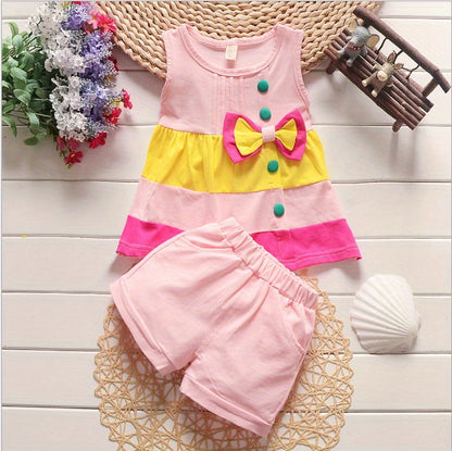 Stylish Color Block Outfit - Cute Bow Puffy Hem Vest & Pocket Shorts Two-piece Set Toddler Baby Clothes Outdoor Clothes Outdoor Suit