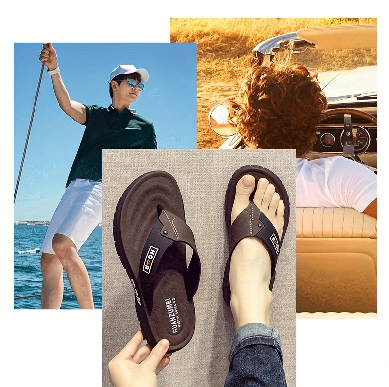 Chinelo de dedo casual de verão para homem - Resistente a odores, antiderrapante, durável, com sola macia e tira ajustável, design castanho e preto para uso diário e ao ar livre, calçado de praia | Chinelo de dedo elegante | Sola em PVC durável, sandália