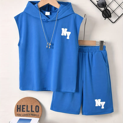 Cool Short-Sleeve T-Shirt with Letter Print And Shorts Set for Boys, for Outdoor