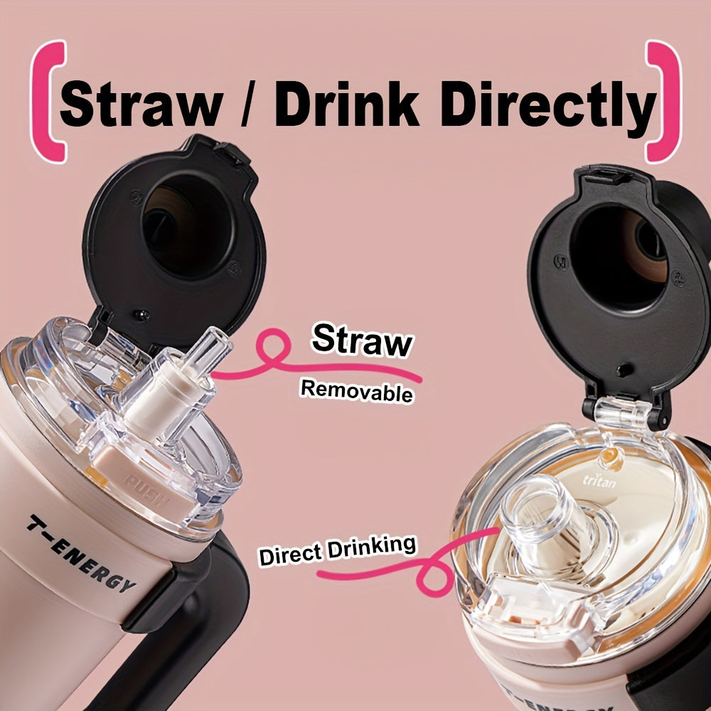 800ml/1200ml Large Capacity Ceramic Coating Liner Stainless Steel Cup Vacuum Keep Warm Cold Mug Cup with Straw Lid Handle for Coffee Coke Carbonated Beverages Ice Leakproof for School Office Outdoor Yoga sports, Travel Coffee