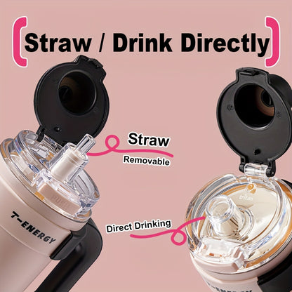 800ml/1200ml Large Capacity Ceramic Coating Liner Stainless Steel Cup Vacuum Keep Warm Cold Mug Cup with Straw Lid Handle for Coffee Coke Carbonated Beverages Ice Leakproof for School Office Outdoor Yoga sports, Travel Coffee