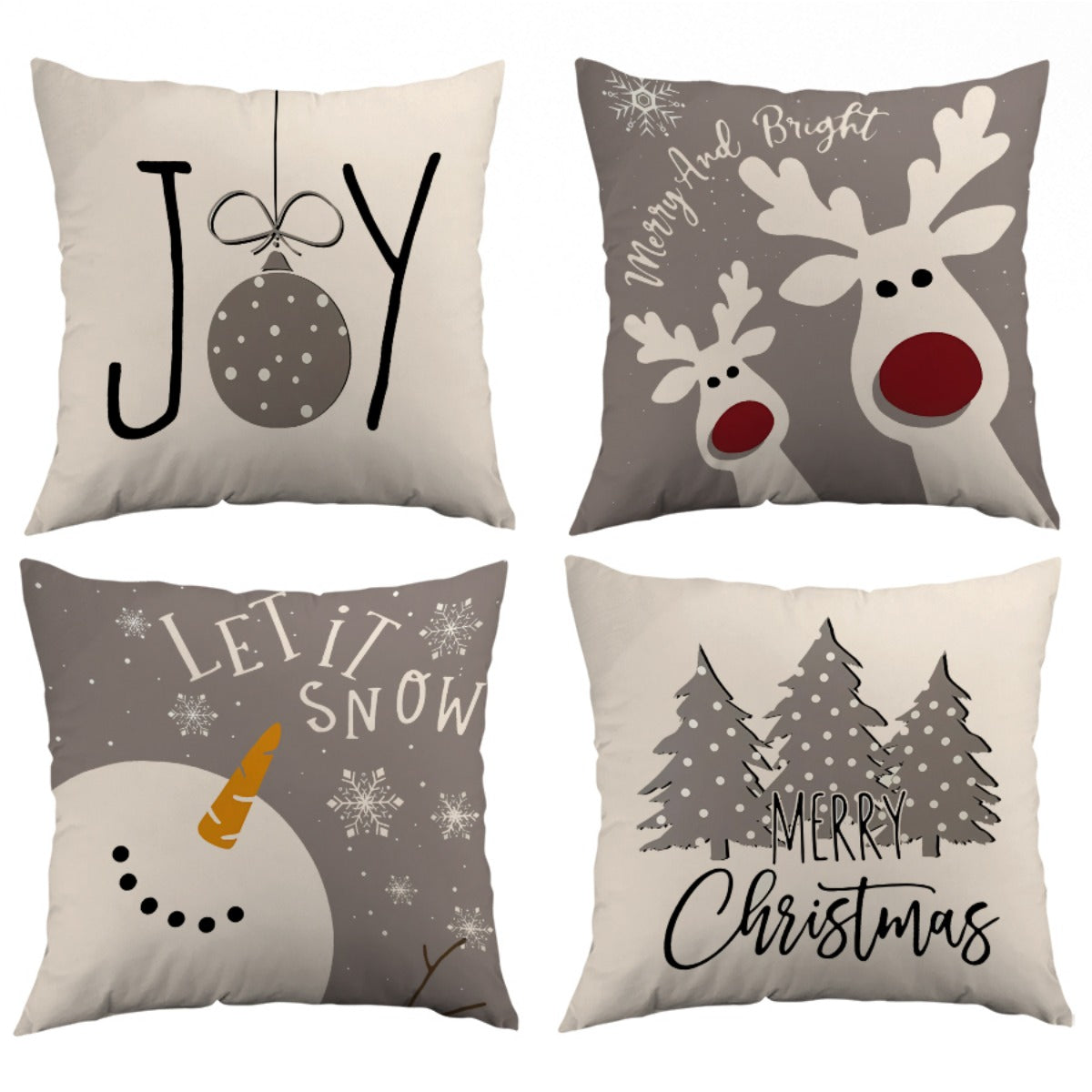 4pcs single-sided printed Christmas short plush pillowcasesChristmas Decorative Pillows for Living Room, Festive Winter Throw Cushions in Soft Fabric, Beige and Gray with Joy, Snowman, Reindeer Designs, Durable and Lightweigh