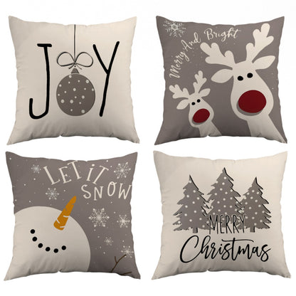 4pcs single-sided printed Christmas short plush pillowcasesChristmas Decorative Pillows for Living Room, Festive Winter Throw Cushions in Soft Fabric, Beige and Gray with Joy, Snowman, Reindeer Designs, Durable and Lightweigh