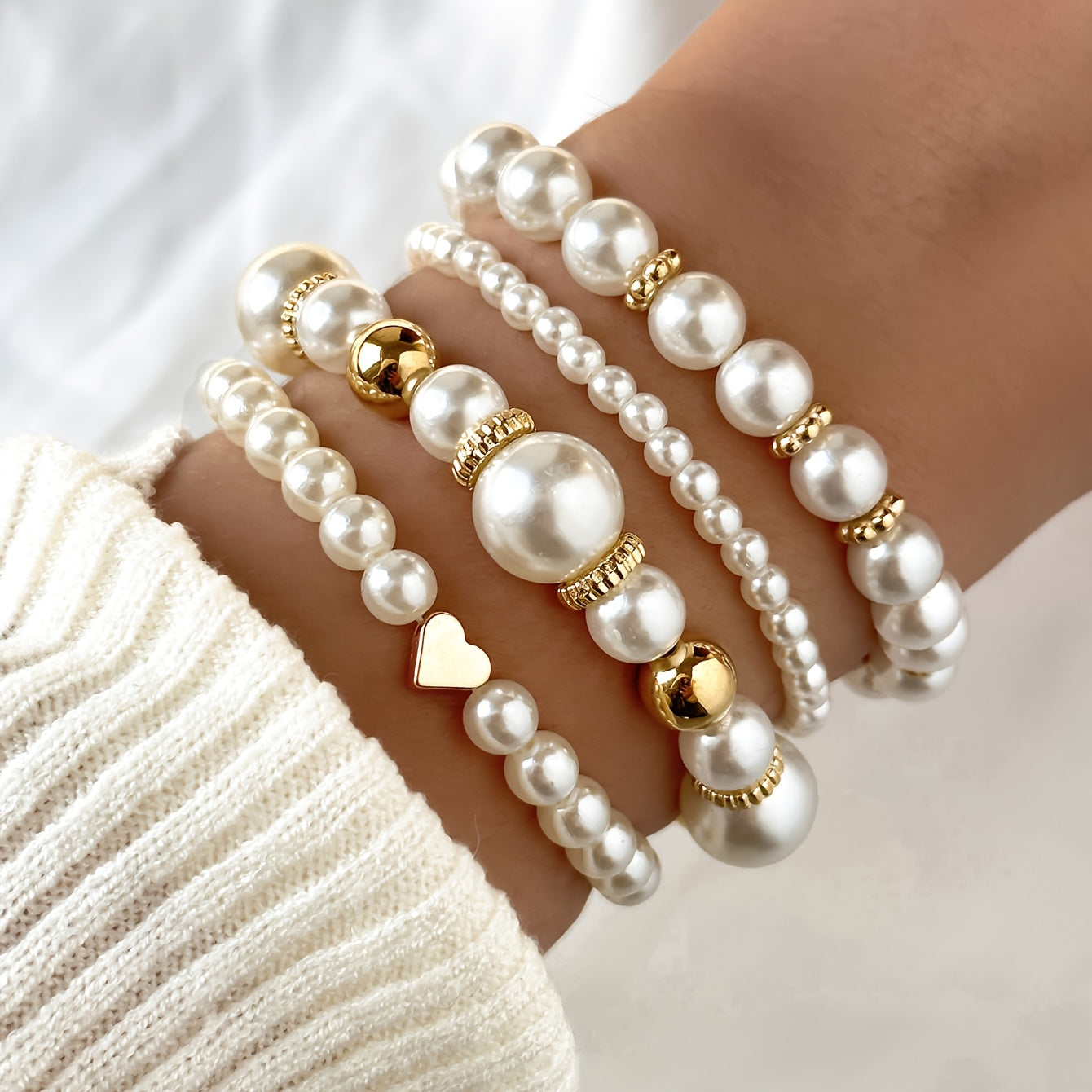 4pcs Set Real-Looking Faux Imitation Pearl Bracelet & Necklace-like Bead Set (No Coating) - White & Imitation Pearl with Golden-Tone Caps, Matching Large Beads - Wedding, Party, Daily Wear - Luxury Year-Round Collection for W