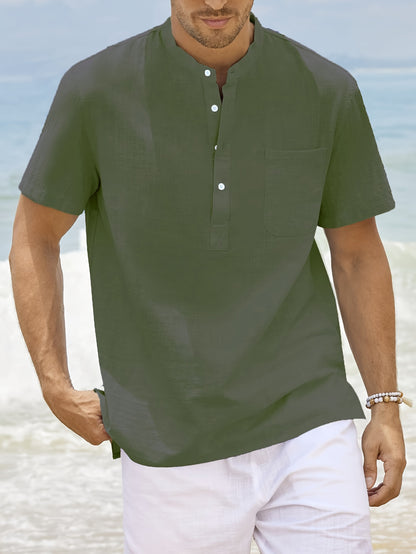 Camisa de homem, gola padre, manga curta, estilo Henley, ideal para o verão, uso casual, negócios e ocasiões formais.