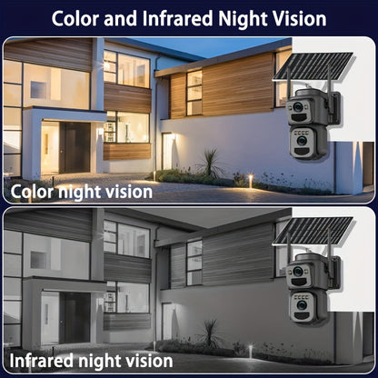 Multifunctional Security Camera with Solar Panel 2K 300W Pixel Video Resolution Wireless Outdoor WiFi Security Monitoring High-definition Dual Lens Automatic Rotation Pan Tilt Night Vision Motion Detection Bidirectional Call