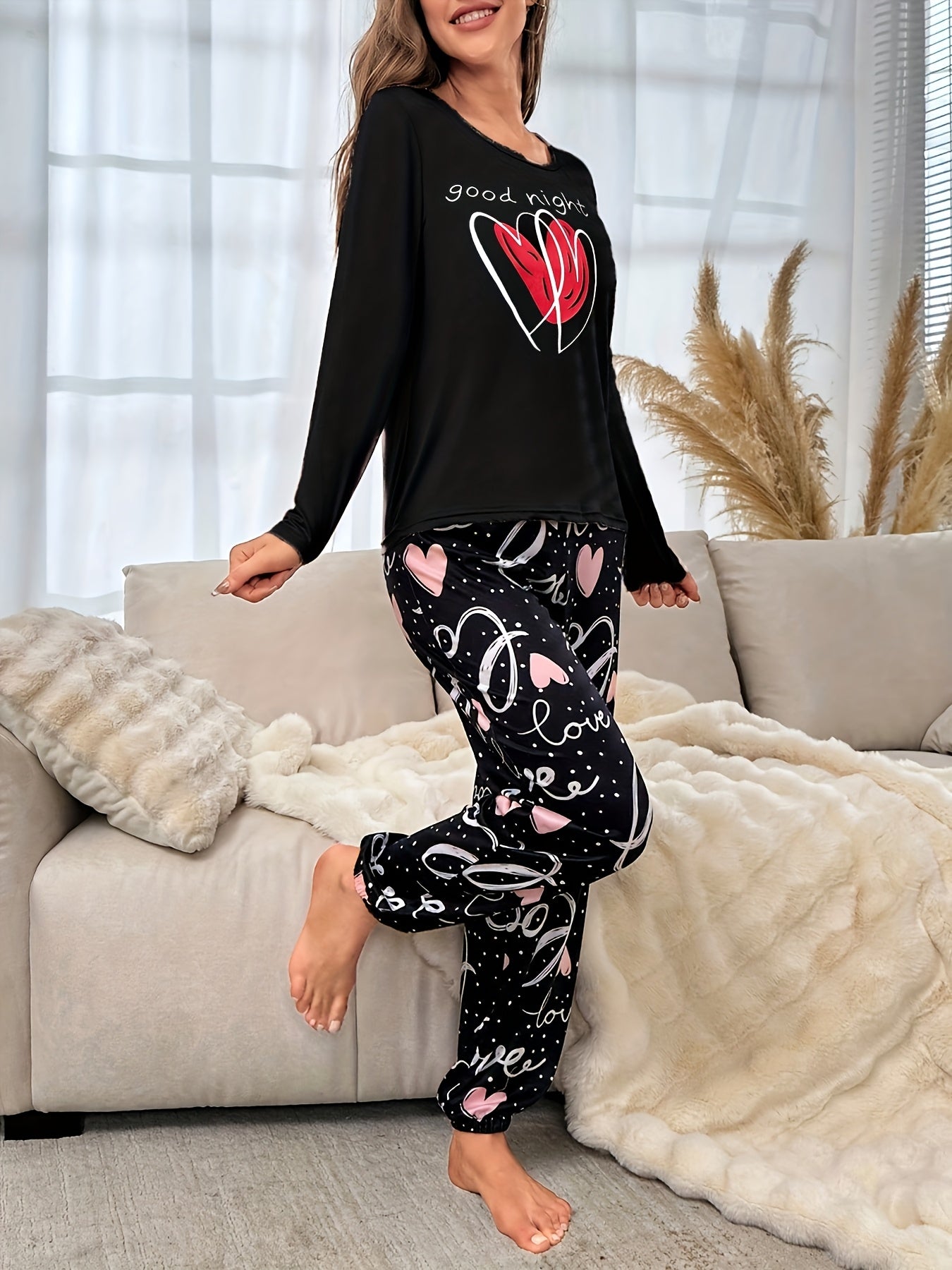 Autumn and Winter Women's Pajama Set with Long Sleeves, Pants, Cute Cartoon Heart Letter Print, Casual Loungewear for All Seasons