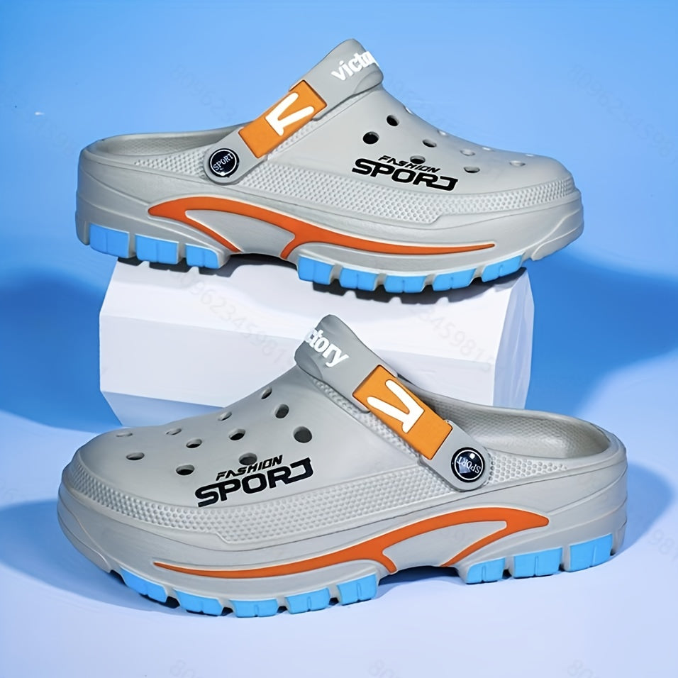 2025 Summer Men's Lightweight Breathable Slip-On Clogs - Durable EVA Beach Shoes with Ventilation Holes, Black &amp; Orange Design for Casual Attire, Summer Footwear | Fashionable Slip-On Sneakers | Lightweight Footwear