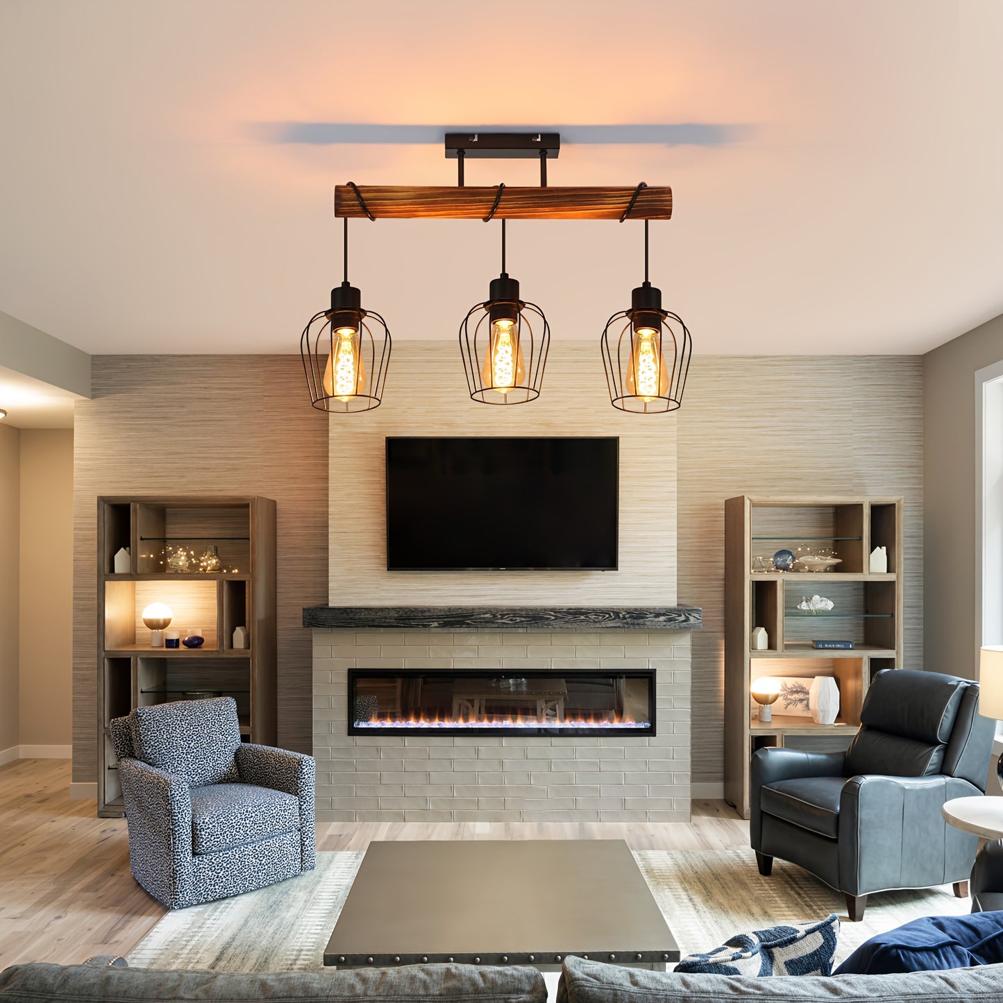 3 Bulbs Wooden Living Room Lamp Black - Socket: E27 - Vintage Ceiling Lamp, Height Adjustable Spotlight Made Of Metal And Wood (Without Bulb)