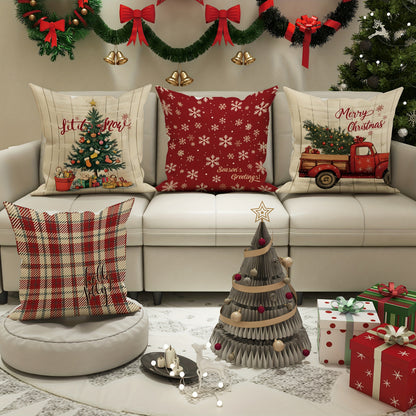 4pcs Set, Christmas Tree Snowflake Truck Buffalo Plaid Pillow Covers, Farmhouse Rustic Red Green Cozy Soft Decorative Pillowcases, Single-Sided Print, Christmas Winter Living Room Bedroom Sofa Bed Decor, No Insert