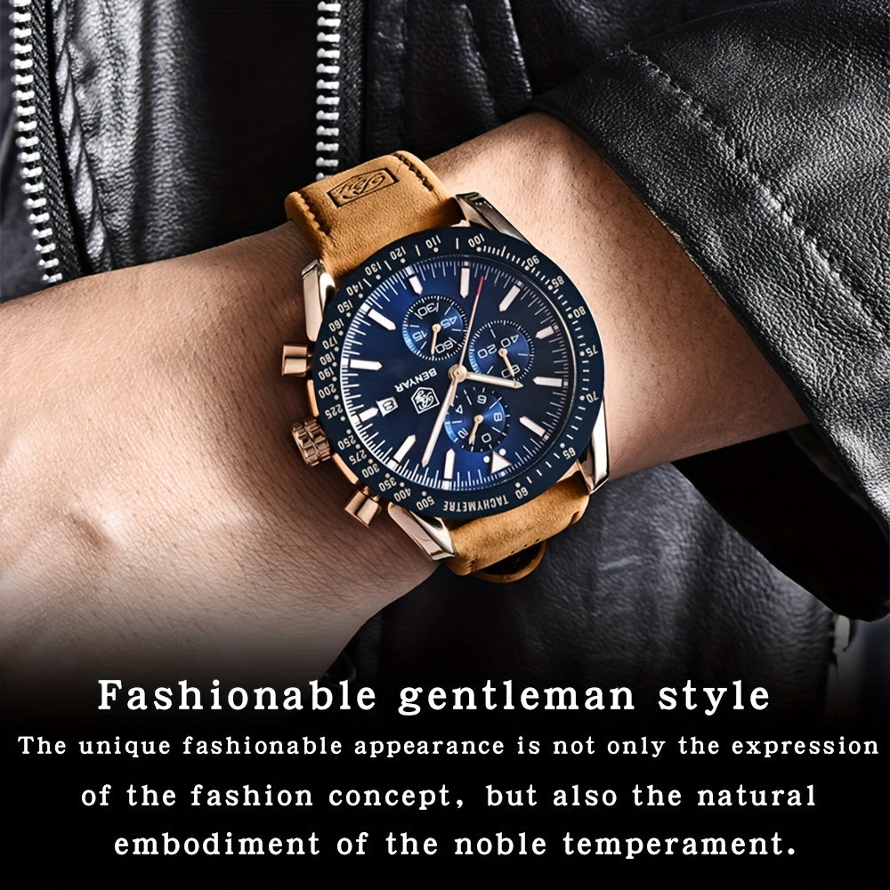 BY BENYAR Men'S Quartz Chronograph Watch - Luminous, Stainless Steel, Blue Dial with Date & Stopwatch, Faux Leather Strap, Elegant Business & Casual Style, Perfect Gift for Men, Professional Chronograph | Sleek Watch Design |