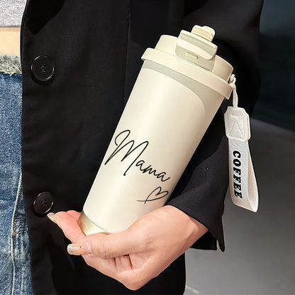 1pc 530ml Insulated Coffee Cup with Straw & Straw Holder - Skull & Heart Design, Leakproof Travel Mug, Detachable Strap, Hot/Cold Thermos for Home, Office, Gifts - Name/Text, Durable Portable Cup for Hot & Cold Drinks