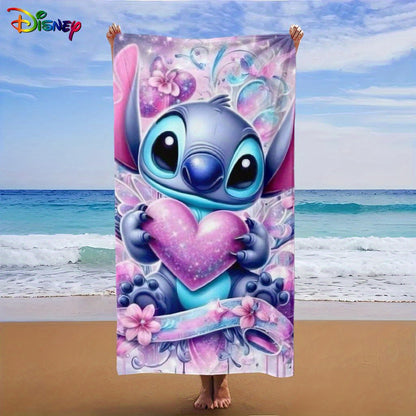 1pc Stitch Beach Towel - Large, Soft Polyester Microfiber Beach Mat with Cute Blue Alien Holding Pink Heart Design, Floral & Heart Patterns, Absorbent & Quick-Dry, Perfect for Yoga, Swimming, Travel, and More - Beach Accessor
