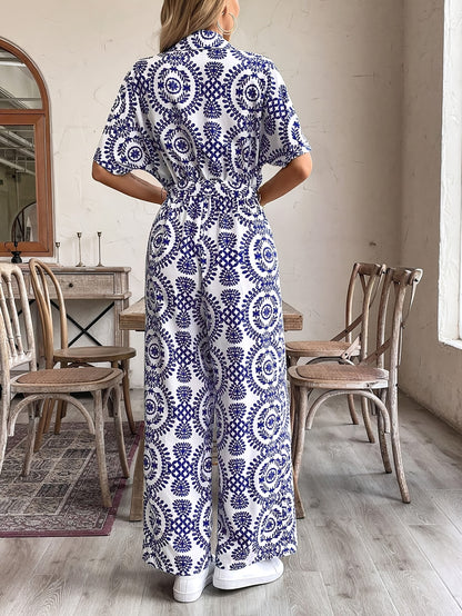 Women's Elegant Ethnic Floral Print Long Sleeve Jumpsuit - Navy Blue & White Retro-Inspired Button-Front Romper, Machine Washable Spring/Summer Dress for Casual & Formal Occasions, Floral Print Dress, Summer Outfit, Nontransp