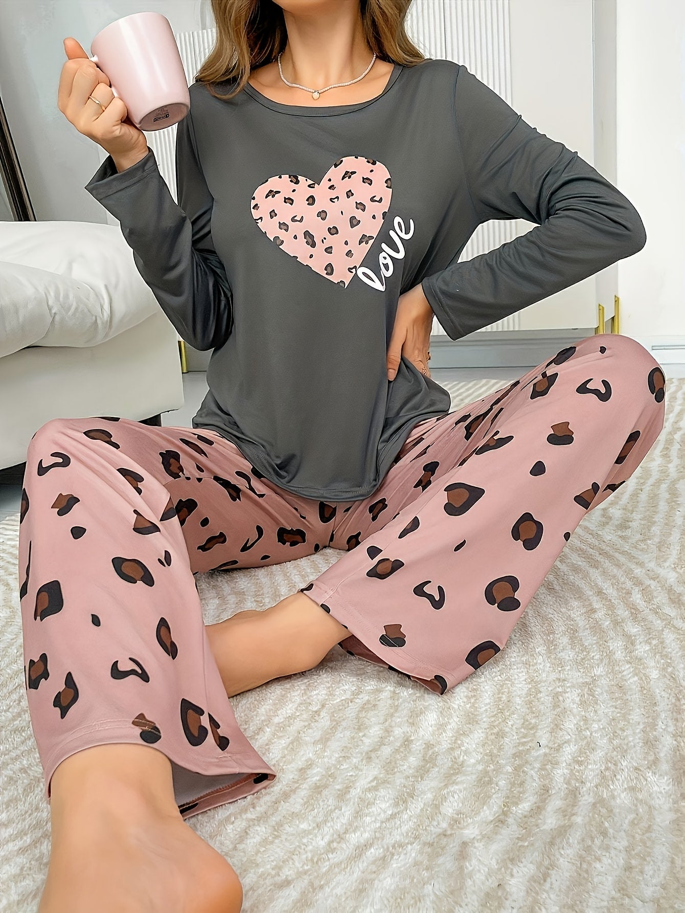 Women'S Heart & Leopard Print Pajama Set - Cozy Long Sleeve Top & Elastic Waist Pants, Soft, Casual Home Wear, All-Season Comfort, Casual Loungewear|Playful Print Top| Fabric, Plu Size Pj For Women, Plu Size Women Pj, Pj Wome