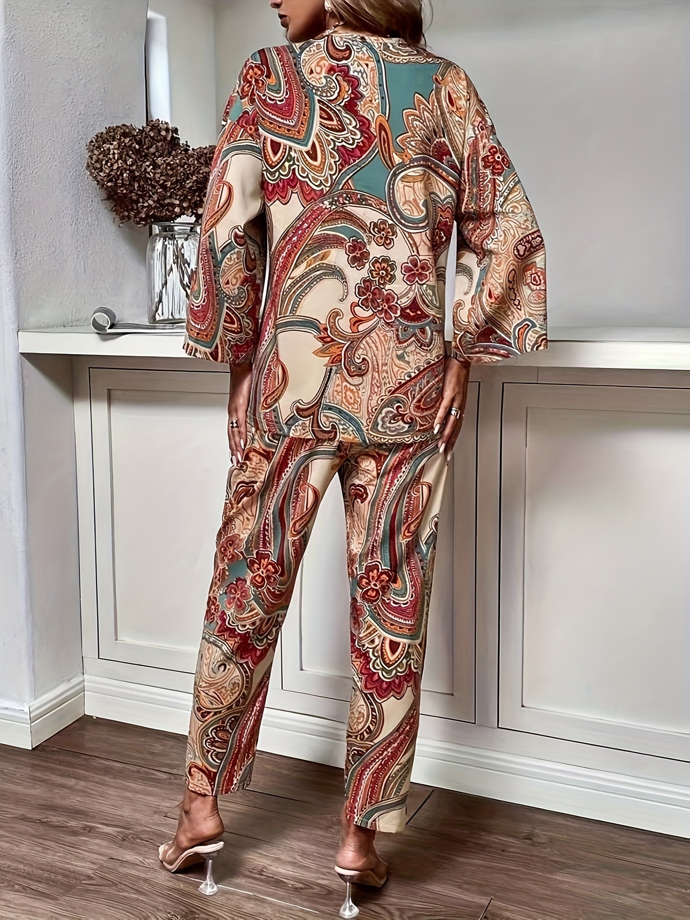 Boho Paisley Print Pants Set, Button Front Long Sleeve Blouse & Straight Leg Pants Outfits, Women's Clothing