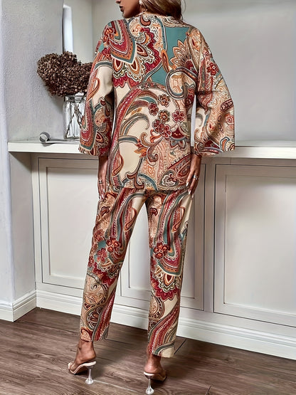 Boho Paisley Print Pants Set, Button Front Long Sleeve Blouse & Straight Leg Pants Outfits, Women's Clothing
