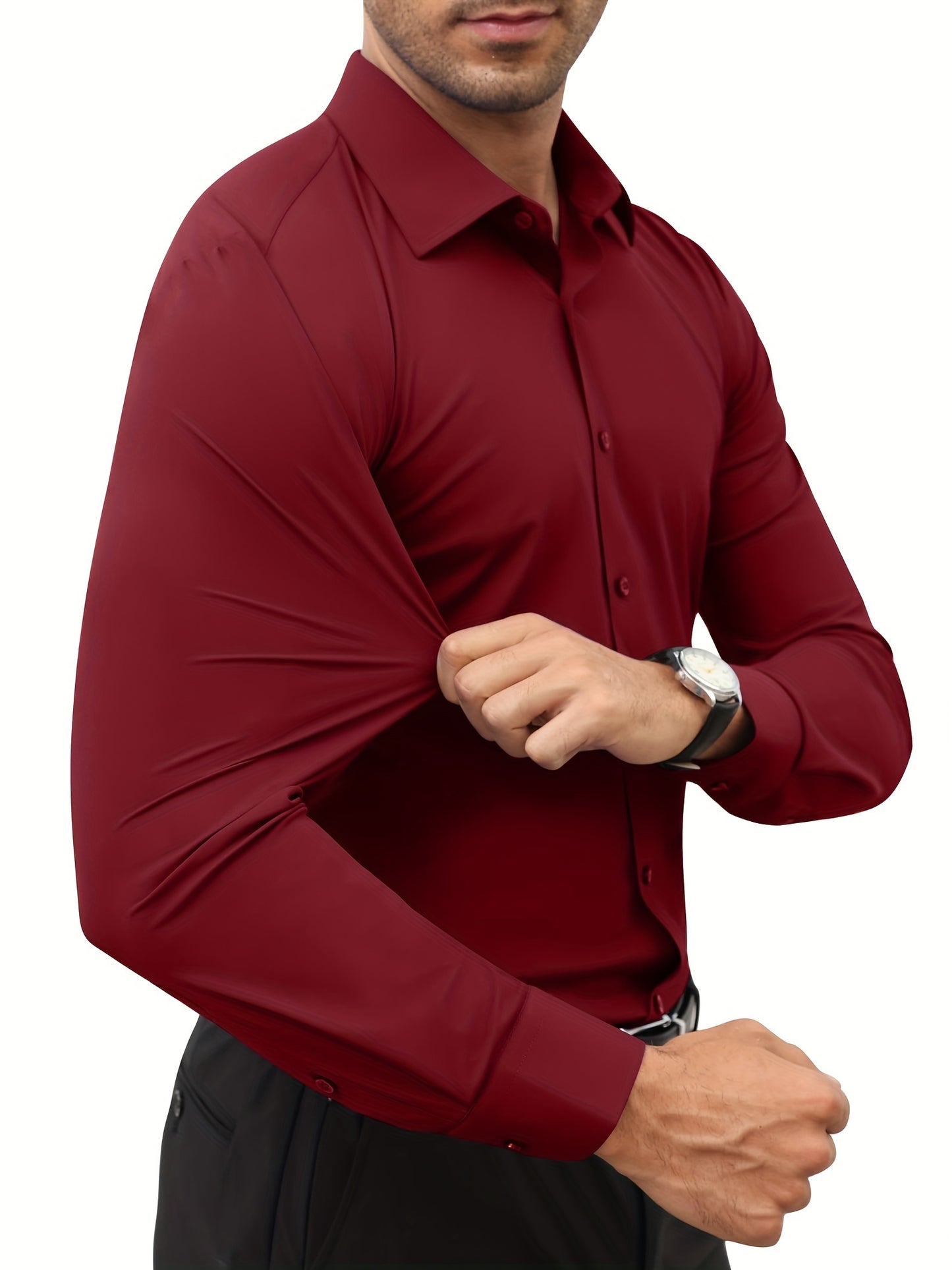 Camisola de homem de manga comprida com corte slim - 55% algodão, 40% poliéster, 5% elastano, cor lisa, para todas as estações, tecido plano, fecho com botões, gola de lapela, ideal para o fim de semana, 125 g/m²