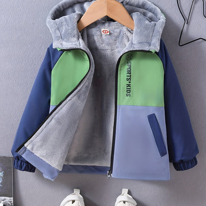 Boys' Casual Hooded Windbreaker Jacket, 100% Polyester, Long Sleeve Raglan Zip-Up Outdoor Coat with Alphabet Pattern, Non-Stretch Fabric, Regular Fit for Fall/Winter - Warm & Windproof