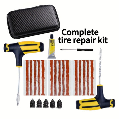 25-in-1 Emergency Tire Repair Kit with Screwdriver, Tire Repair Glue, Self-Tapping Screws, Repair Plugs & Portable Storage Bag - No-Tools Tire Repair System for Cars, Trucks, Motorcycles - Includes Tire Pressure Gauge, Tire P