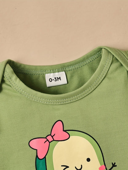 Conjunto de Roupa Infantil para Bebé Menina com Estampado de Abacate: Macacão, Calções e Fita para o Cabelo - 3 Peças - Ideal para o Verão e Atividades ao Ar Livre