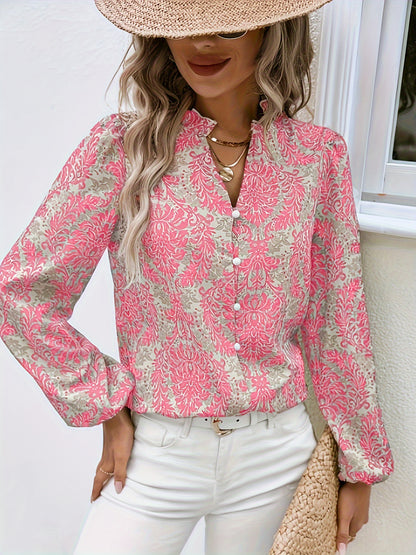 Allover Print Button Front Blouse, Casual Long Sleeve Blouse For Spring & Fall, Women's Clothing