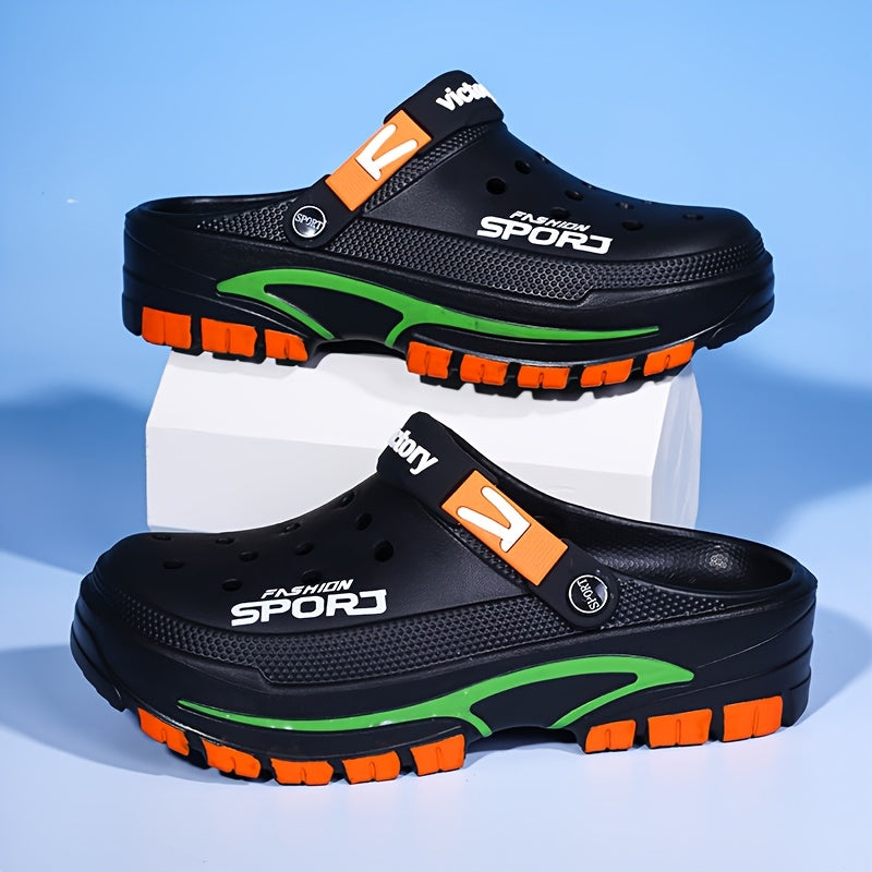 2025 Summer Men's Lightweight Breathable Slip-On Clogs - Durable EVA Beach Shoes with Ventilation Holes, Black &amp; Orange Design for Casual Attire, Summer Footwear | Fashionable Slip-On Sneakers | Lightweight Footwear