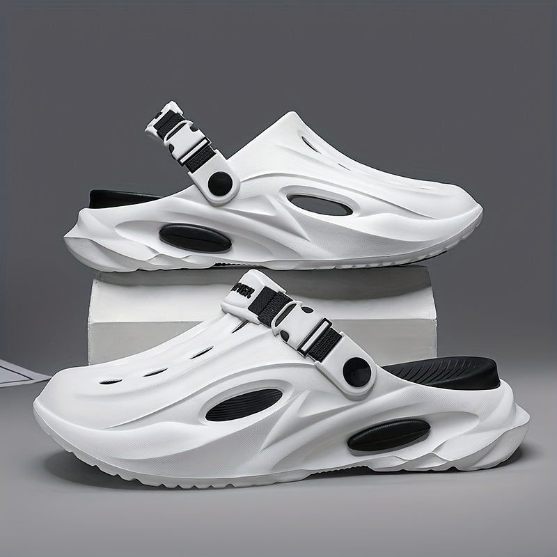 Sandálias de verão unissexo em EVA - Leves, respiráveis, antiderrapantes e confortáveis ​​para a praia, caminhadas e uso casual. Sola macia, bico aberto, design elegante em preto e branco. Calçado de verão | Material EVA