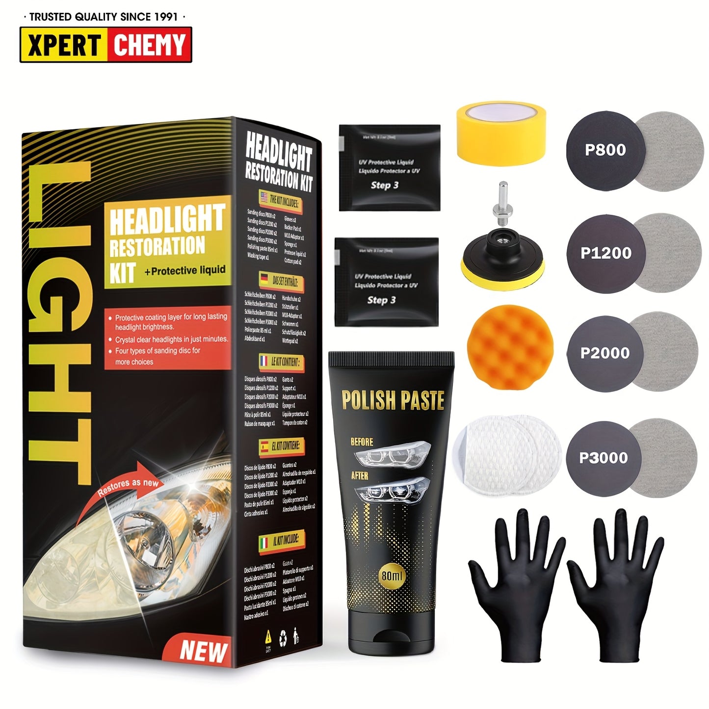 Headlight Restoration Kit, Universal Model, with Sanding Discs, Clear Coat Wipes, Foam Pad & Glove, for Car Headlights, Taillights, Fog Lights, Plastic Lens Restoration and Protection