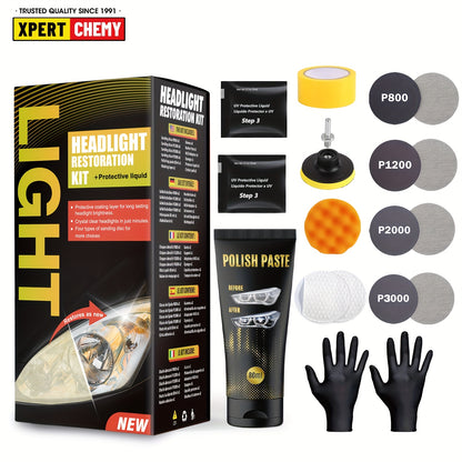 Headlight Restoration Kit, Universal Model, with Sanding Discs, Clear Coat Wipes, Foam Pad & Glove, for Car Headlights, Taillights, Fog Lights, Plastic Lens Restoration and Protection