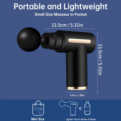 O massajador portátil vem com quatro cabeças de massagem intercambiáveis, tem um ecrã LED, pode ser carregado via USB, opera com uma voltagem de ≤36V, é alimentado por uma bateria de lítio 18650 e foi concebido para uma utilização multifuncional.