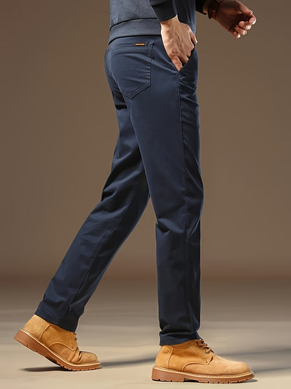 Men's Solid Navy Blue Straight-Leg Dress Pants - All-Season Full-Length Formal & Business Casual Trousers with Zipper Closure, Machine Washable, Durable Comfort Fit for Office, Semi-Formal & Casual Attire - Versatile Solid Co